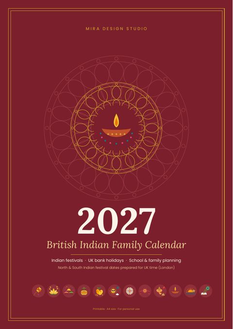 Heritage style calendar cover, maroon with a gold mandala